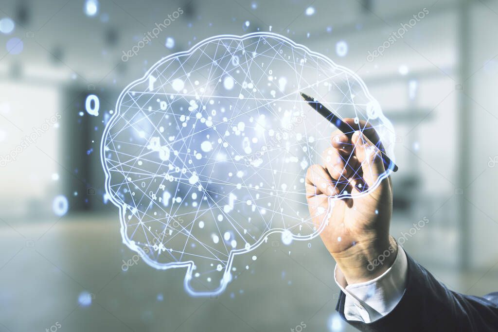 Double exposure of man hand with pen working with creative artificial Intelligence interface on blurred office background. Neural networks and machine learning concept
