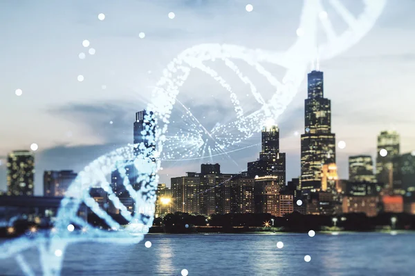 Illustrazione del simbolo del DNA virtuale sullo sfondo skyline di Chicago. Concetto di ricerca genomica. Multiesposizione — Foto Stock