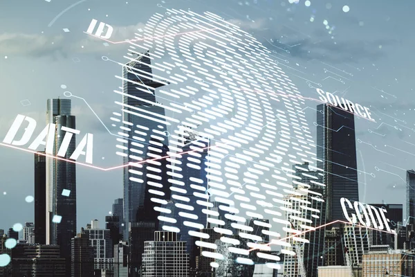 Double exposure of virtual creative fingerprint hologram on New York city office buildings background, protection of personal information concept