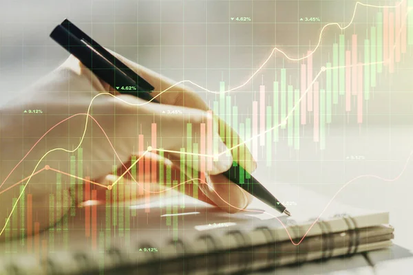 Grafico finanziario creativo astratto con scrittura a mano in notebook su sfondo, forex e concetto di investimento. Multiesposizione — Foto Stock