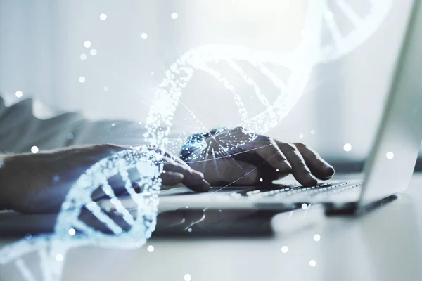 Creatief licht DNA illustratie en handen typen op computer toetsenbord op achtergrond, wetenschap en biologie concept. Meervoudige blootstelling — Stockfoto