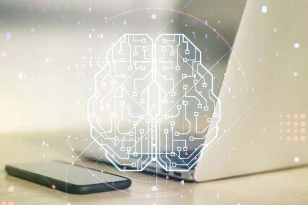 Творча концепція штучного інтелекту з ескізом людського мозку на сучасному комп'ютері. Подвійне експонування — стокове фото