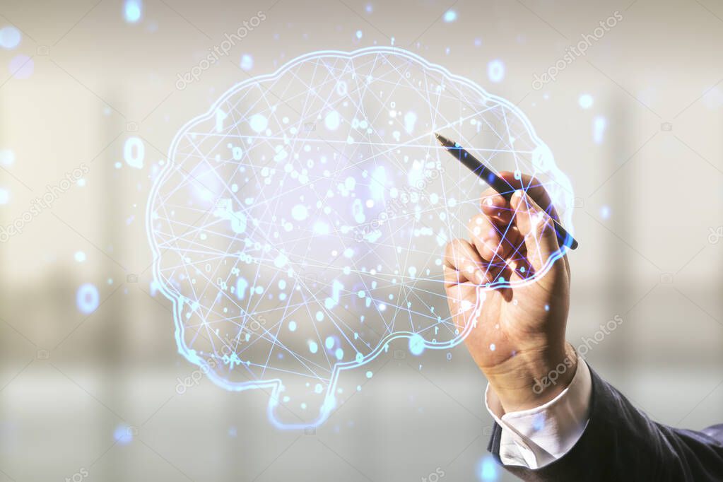 Man hand with pen working with virtual creative artificial Intelligence hologram with human brain sketch on blurred office background. Multiexposure