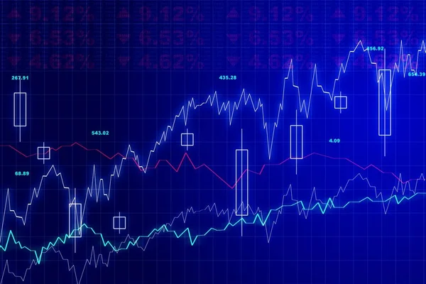 Absztrakt növekvő pénzügyi diagram gyertyatartókkal a kék háttérben. Forex koncepció. 3D Renderelés — Stock Fotó