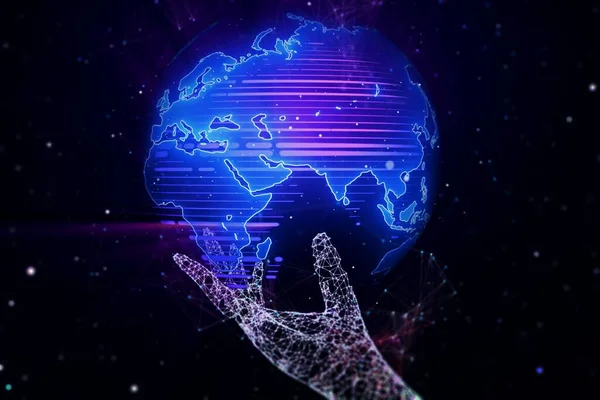 Abstract creative digital world map hologram with hand. 3D Rendering