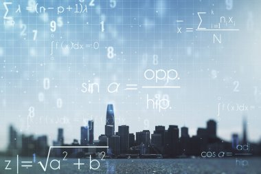 Double exposure of scientific formula hologram on San Francisco city skyscrapers background, research and development concept clipart