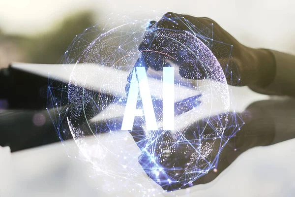 Creative artificial Intelligence symbol concept with finger presses on a digital tablet on background. Double exposure — Stock Photo, Image