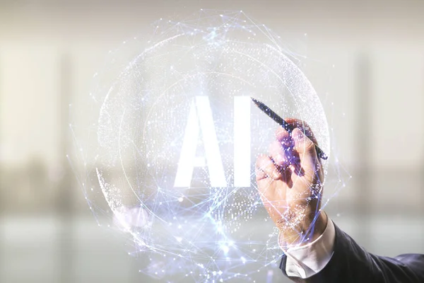 Man hand with pen working with creative artificial Intelligence symbol hologram on blurred office background. Double exposure — Stock Photo, Image