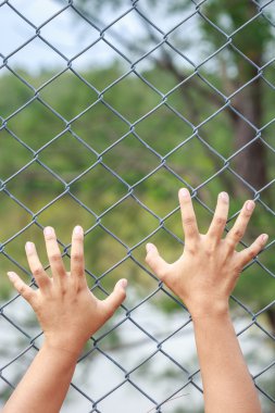 Metal zincir bağlantı çit üzerinde asılı el