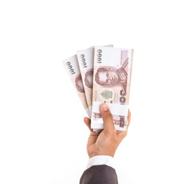 El veren Tayland banknotları. Stüdyo çekim beyaz backgr izole