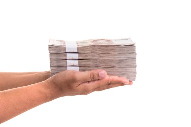 El veren Tayland banknotları. Stüdyo çekimi beyaz izole