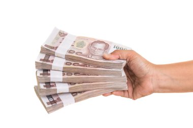 El veren Tayland banknotları. Stüdyo çekim beyaz backgr izole