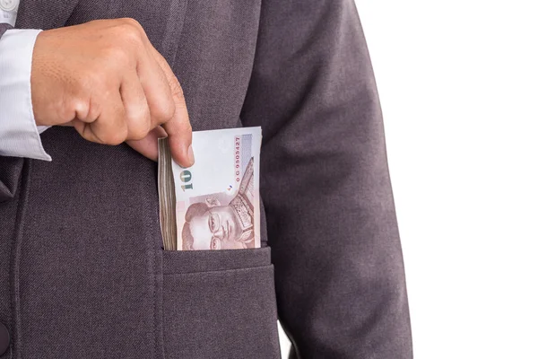 Hand geven van Thaise bankbiljetten. Studio schot geïsoleerd op witte backgr — Stockfoto
