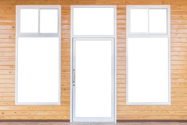 Izolované dveře a okna rámce na dřevěné stěně obrazce ze světlé borovice — Stock fotografie