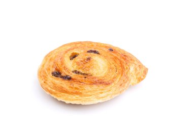 Tatlı Danimarka hamur işleri ile muhallebi ve üzerinde beyaz izole kuru üzüm