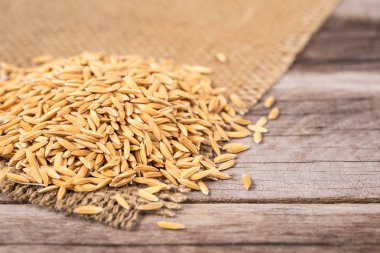 Ahşap tahta üzerinde sarı Tay paddy Yasemin pirinç 