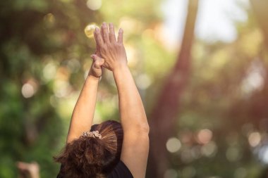 Asyalı kadın yoga yaparken ya da egzersiz parkta