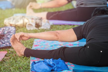 Asyalı kadın yoga yaparken ya da egzersiz parkta