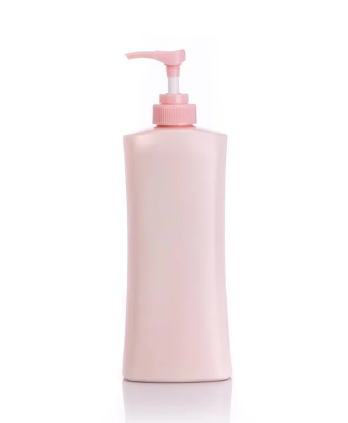 Lege roze pomp plastic fles gebruikt voor shampoo of zeep. Studio — Stockfoto