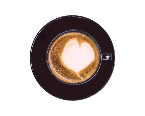 Top vista café latte quente em xícara preta isolada em branco. Salvos — Fotografia de Stock