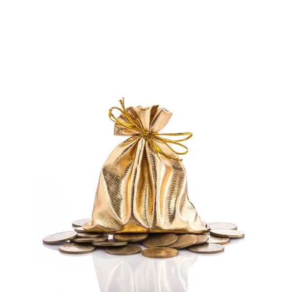 Golden bag for coin. Studio shot isolated on white — Stock Photo, Image