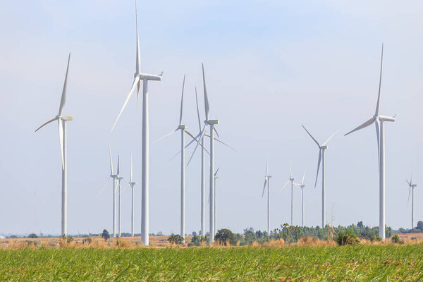 Wind turbines farm on the hill. Generating electricity, Thailand