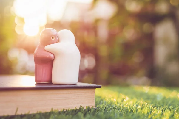 White and pink ceramic doll on book with blur bokeh and sunlight — Stock Photo, Image