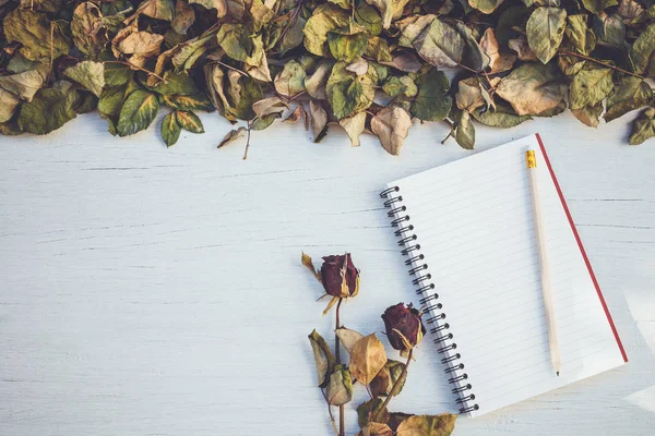 Buku catatan dan bunga mawar kering di dek kayu putih dengan spa kosong — Stok Foto