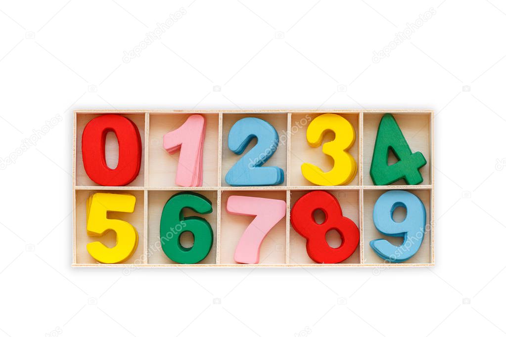 Colorful wooden number in square box. Top view. Isolated on whit