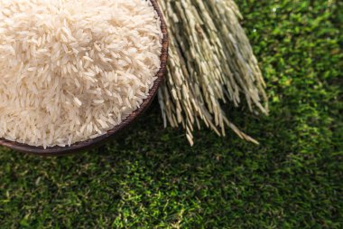 Tayland Yasemin pirinç kase yeşil çim zemin üzerine