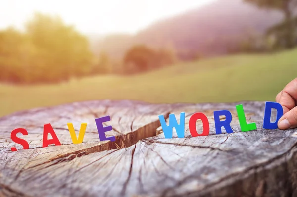Alfabeto di legno "SAVE WORLD" sul tronco d'albero. Amore albero o salvare due — Foto Stock