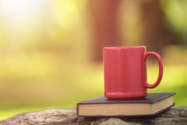 Taza de café de cerámica roja y viejo libro en jardín verde por la mañana t —  Fotos de Stock