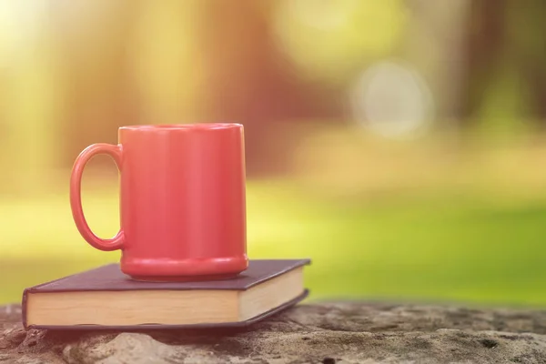 Tazza di caffè in ceramica rossa e vecchio libro nel giardino verde al mattino t — Foto Stock