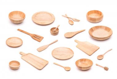 Yeni ahşap mutfak malzemesi, kase, tabak, kaşık, di topluluğu