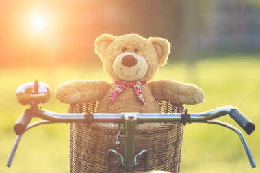 Rattan sepet gree vintage bisiklet üzerinde güzel kahverengi ayıcık