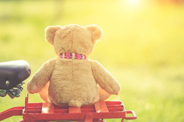 Rattan sepet gree vintage bisiklet üzerinde güzel kahverengi ayıcık