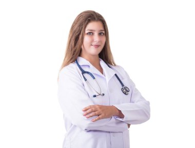 Güzel beyaz doktor mavi stetoskop ile beyaz takım elbise giymek