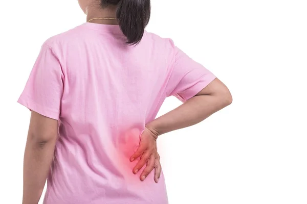 Back pain concept : Woman using her hand and pressing in back si — Stock Photo, Image