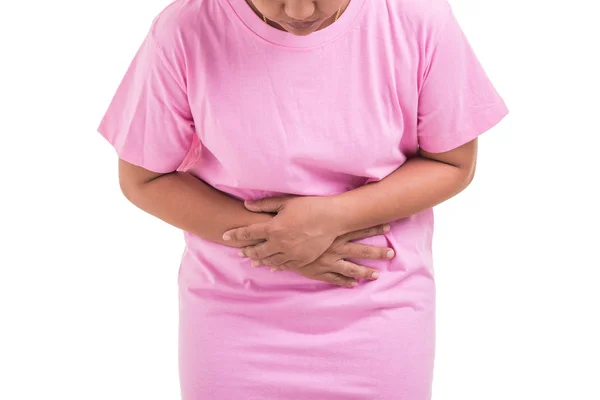 Stomach ache / pain concept: Woman using her hand and pressing o — Stock Photo, Image