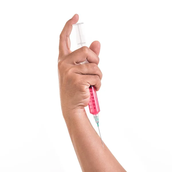 Mulher gorda segurando seringa e injetar droga vermelha em seu pulso isola — Fotografia de Stock