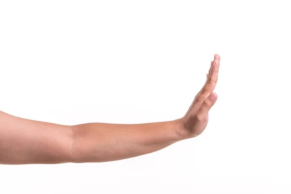 Mano humana mostrando gestos o signo aislado en blanco — Foto de Stock