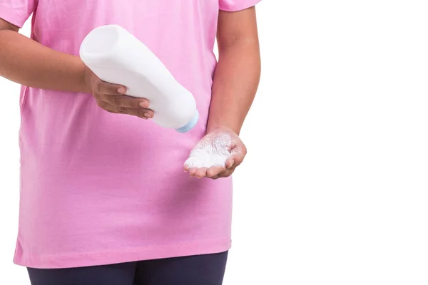 Έννοια του καρκίνου των ωοθηκών. Γυναίκα που κρατά λευκή σκόνη που απομονώνονται σε w — Φωτογραφία Αρχείου