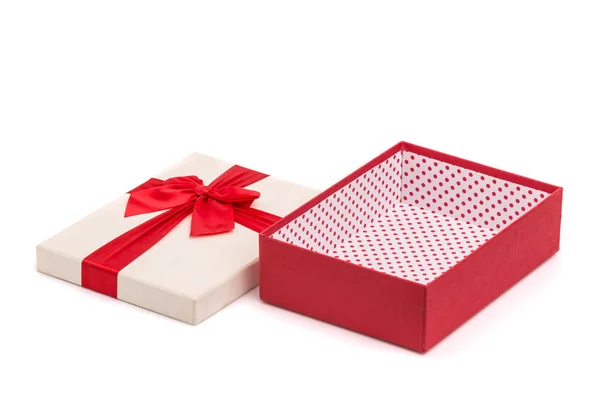White and red new year or Christmas gift box with red ribbon for — Stock Photo, Image