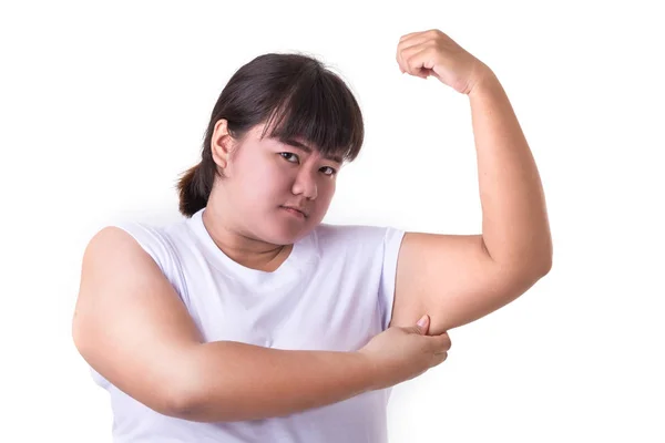 Dikke Aziatische vrouw dragen witte t-shirt geïsoleerd op wit — Stockfoto