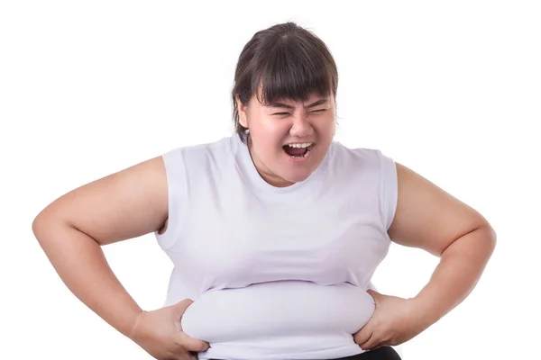 Dikke Aziatische vrouw dragen witte t-shirt bezorgd over haar lichaamsgrootte — Stockfoto