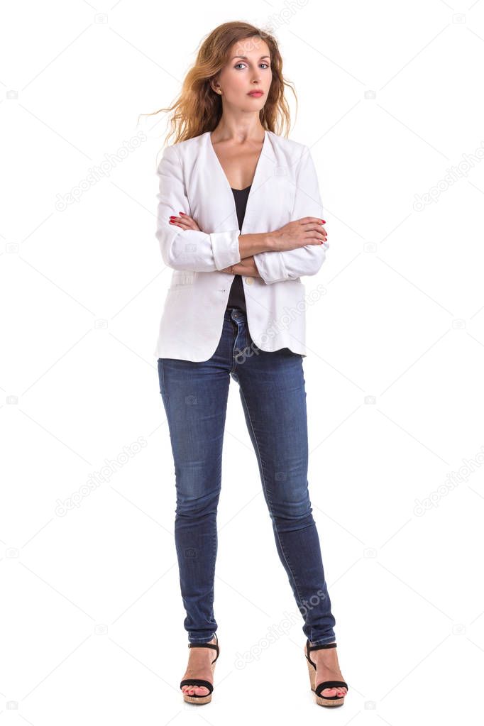 Beautiful caucasian woman wear white shirt and jeans. Studio sho