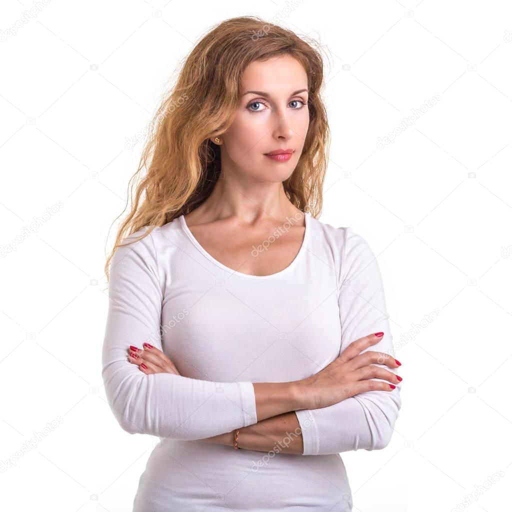 Beautiful caucasian woman wear white shirt and jeans. Studio sho