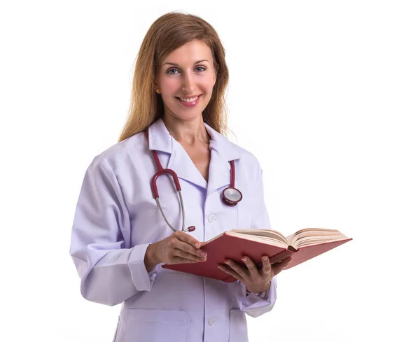 Beautiful caucasian doctor wear white suit and reading the book — Stock Photo, Image