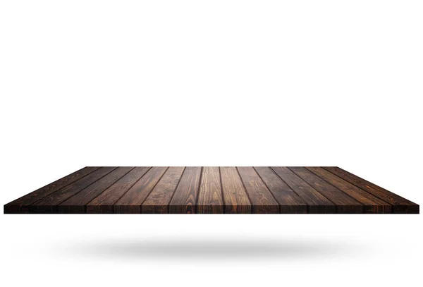 Lege boven aan houten plank of teller op wit wordt geïsoleerd. Opgeslagen wi — Stockfoto