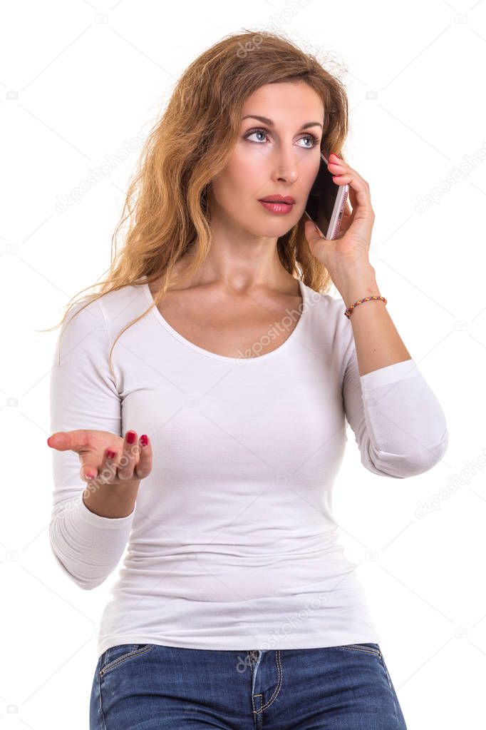 Beautiful caucasian woman in white t-shirt using smartphone. Stu
